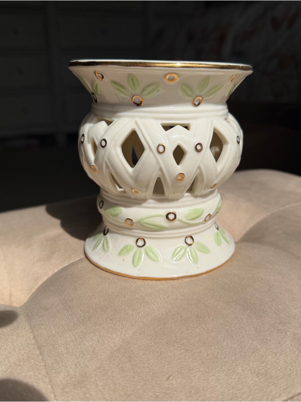 Cream Ceramic Wax Warmer with Light Green Leaf Accents and Gold Highlights